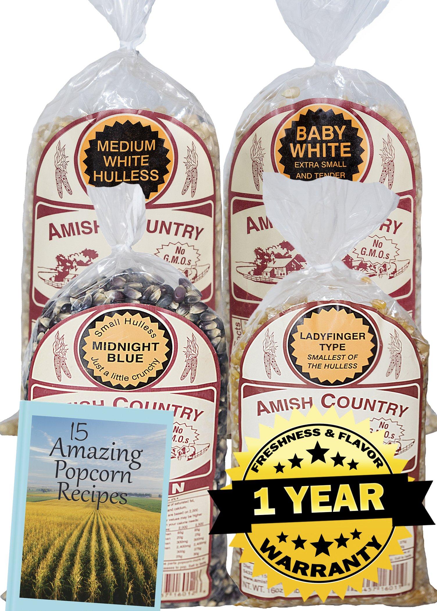 Amish Country Popcorn 4 (1) Lb Variety Bundle with Recipe Guide Baby